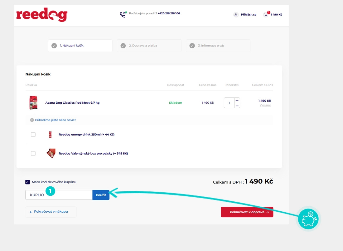 Návod jak uplatnit slevový kód v košíku e-shopu Reedog