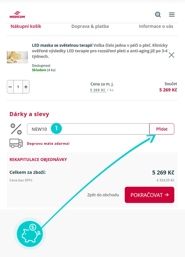 Návod jak uplatnit slevový kód v košíku e-shopu Medicum