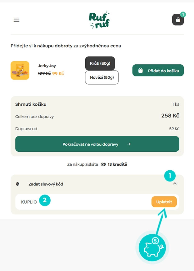 Návod jak uplatnit slevový kód v košíku e-shopu Rufruf