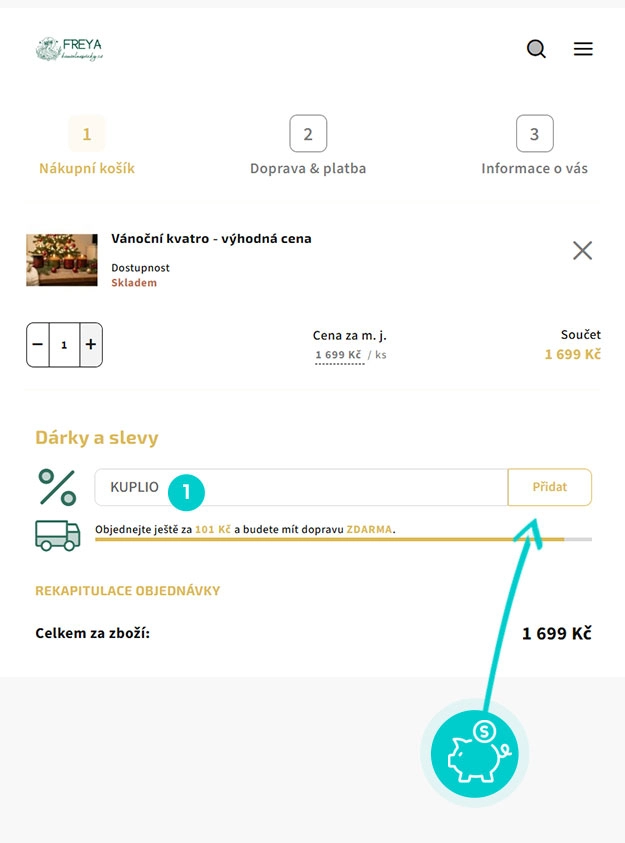 Návod jak uplatnit slevový kód v košíku e-shopu Kouzelnesvicky.cz
