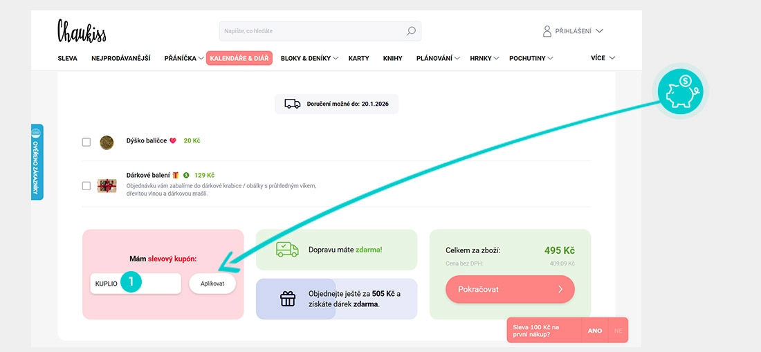 Návod jak uplatnit slevový kód v košíku e-shopu Chaukiss