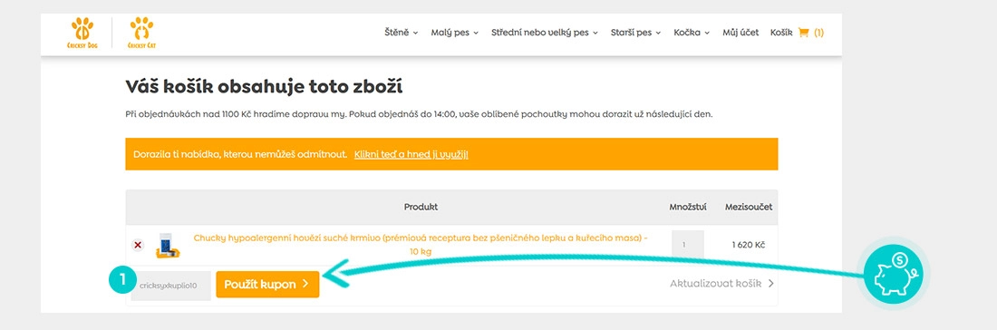 Návod jak uplatnit slevový kód v košíku e-shopu CricksyDog