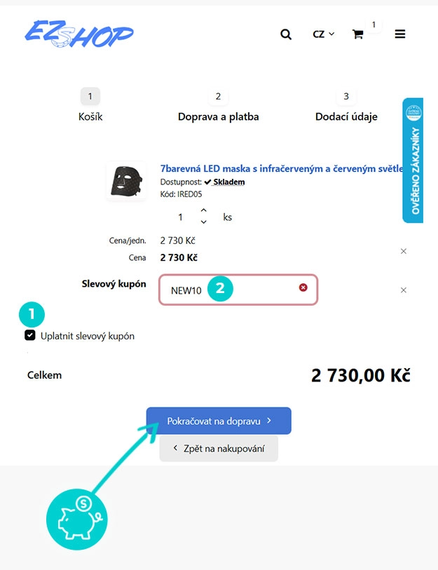 Návod jak uplatnit slevový kód v košíku e-shopu EZshop