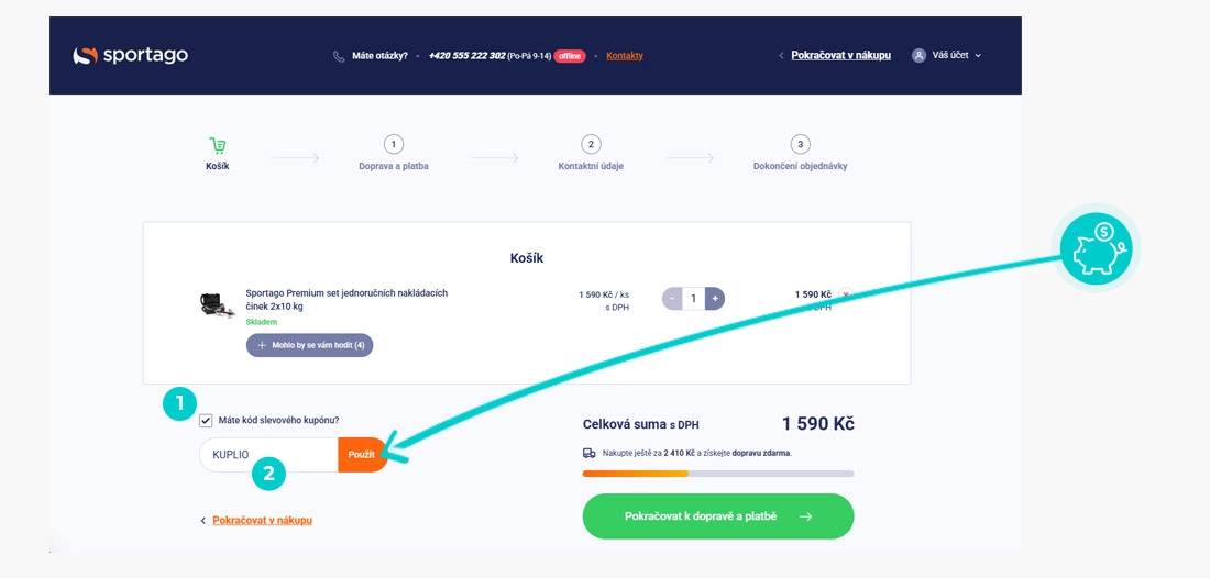 Návod jak uplatnit slevový kód v košíku e-shopu Sportago
