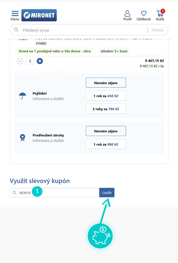 Návod jak uplatnit slevový kód v košíku e-shopu Mironet