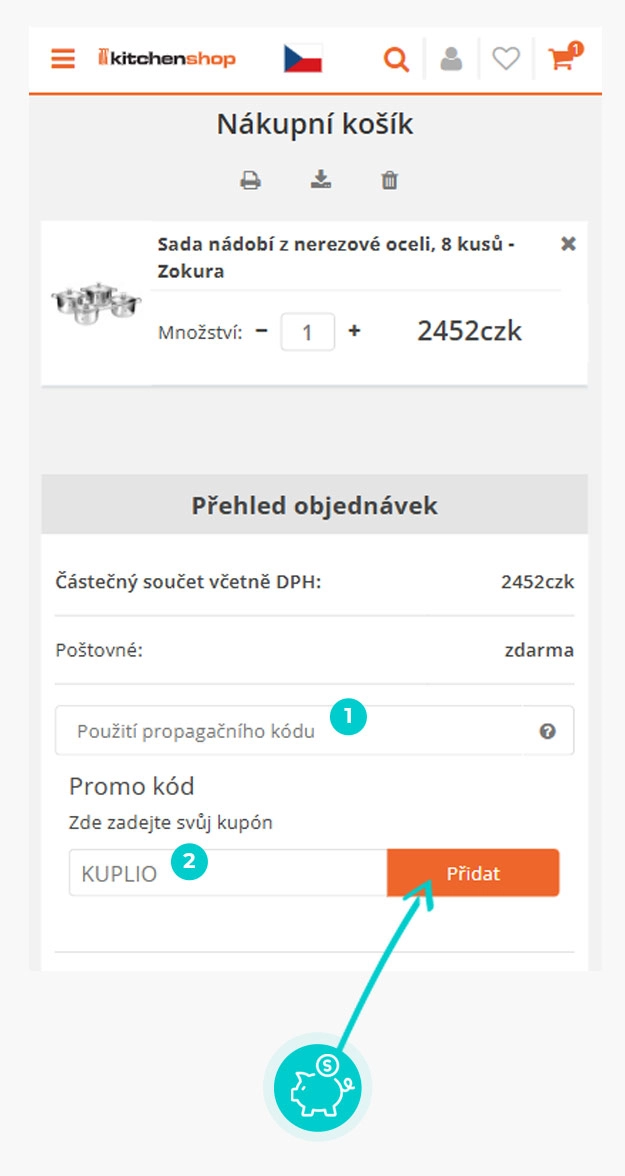 Návod jak uplatnit slevový kód v košíku e-shopu kitchenshop