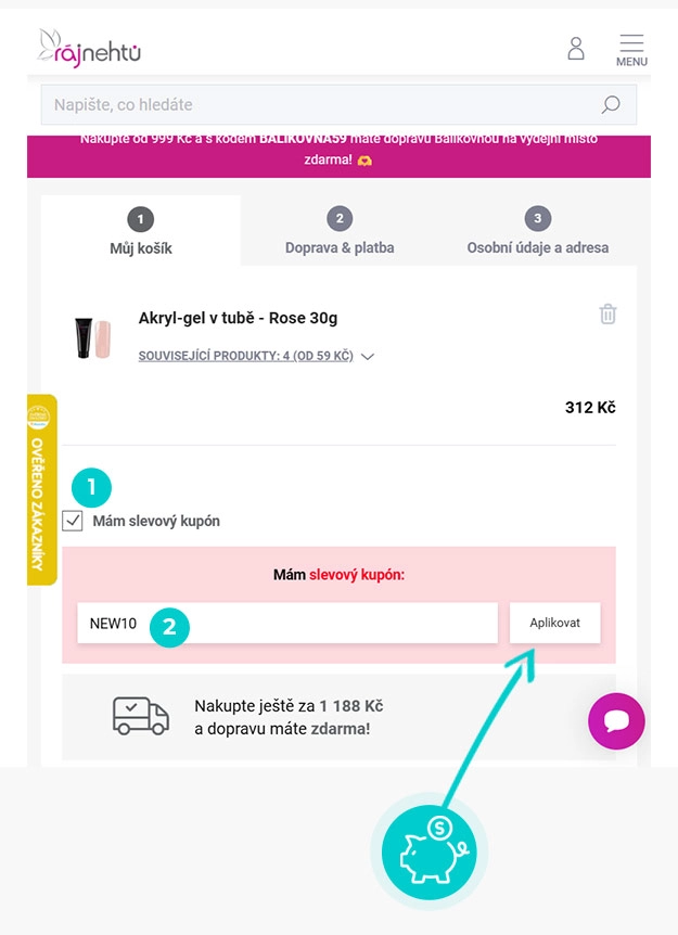 Návod jak uplatnit slevový kód v košíku e-shopu Ráj Nehtů