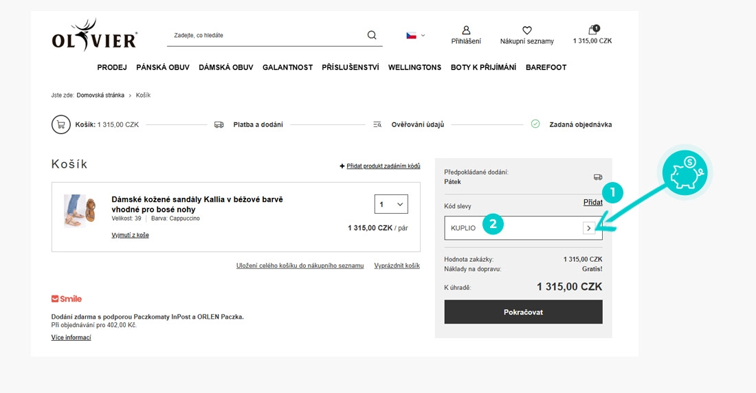 Návod jak uplatnit slevový kód v košíku e-shopu Buty Olivier