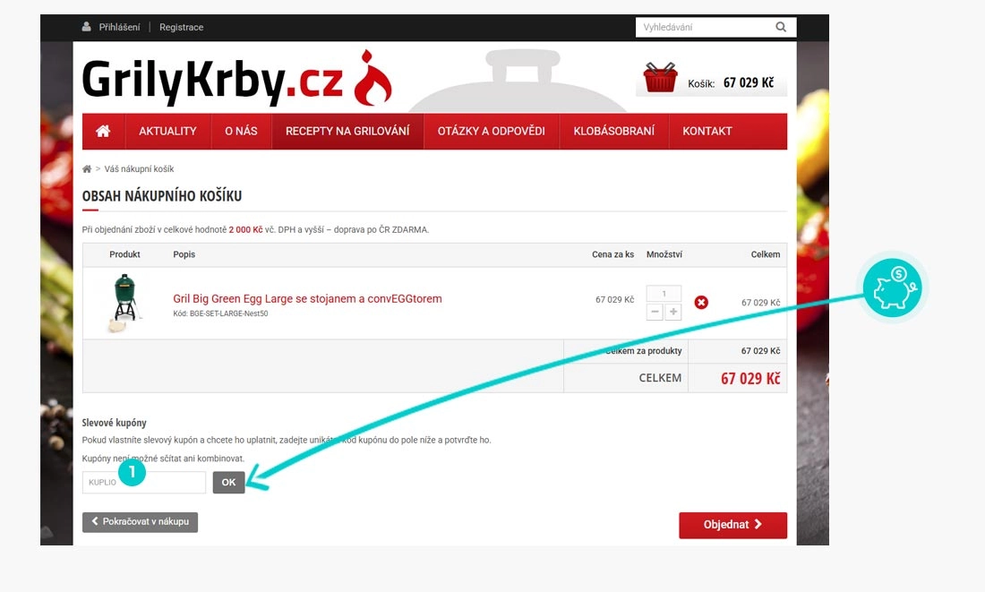 Návod jak uplatnit slevový kód v košíku e-shopu GrilyKrby