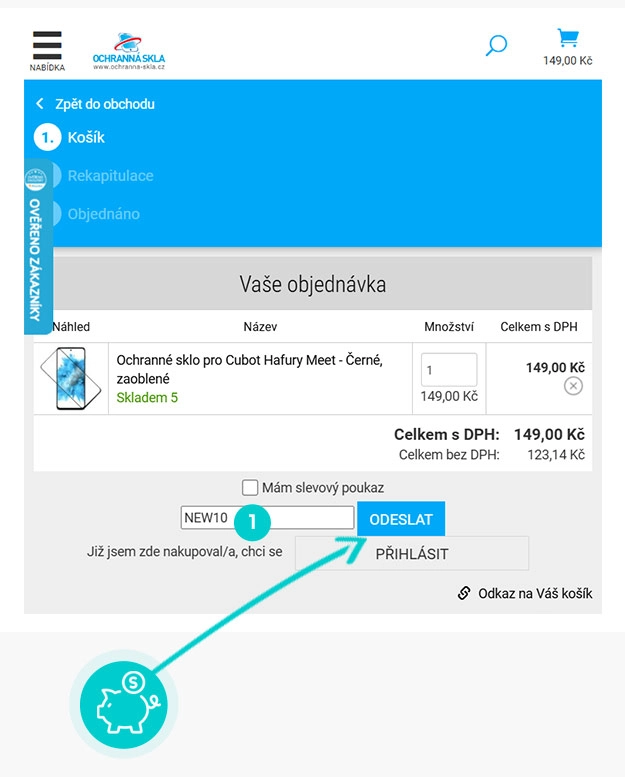 Návod jak uplatnit slevový kód v košíku e-shopu Ochranná-skla