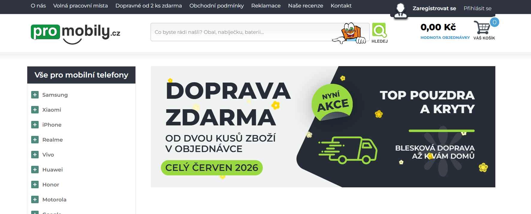 webové stránky e-shopu s nabídkou produktů a akcí
