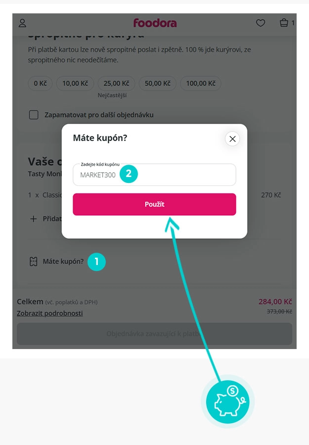 Návod jak uplatnit slevový kód v košíku e-shopu foodora