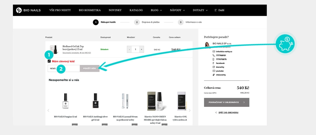 Návod jak uplatnit slevový kód v košíku e-shopu Bio nails