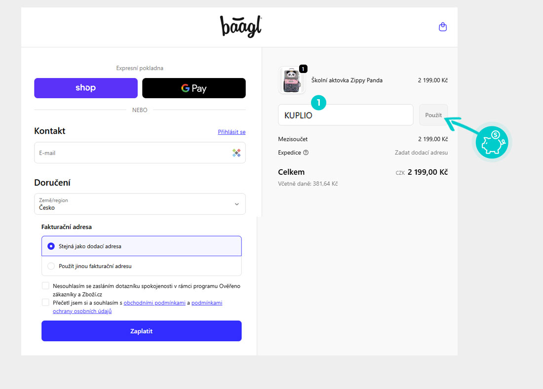 Návod jak uplatnit slevový kód v košíku e-shopu baagl