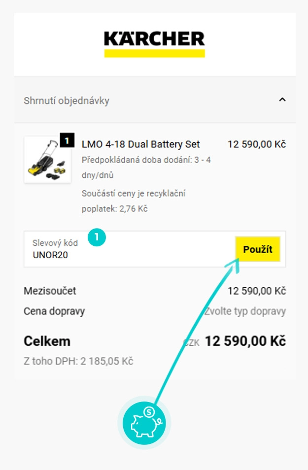 Návod jak uplatnit slevový kód v košíku e-shopu Kärcher