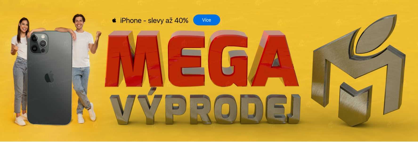 iphonemarket - vlevo muz se zenoz pri velkem mobilu a v strede napis mega vyprodej