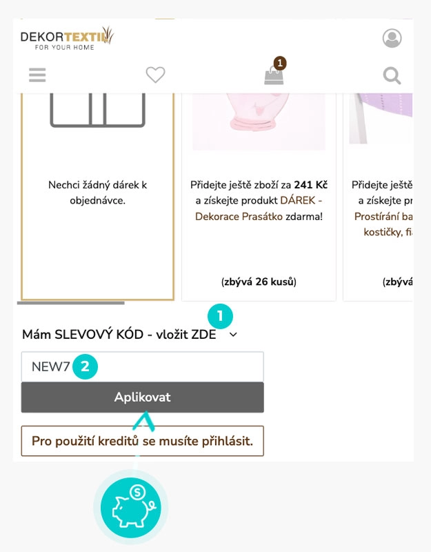 Návod jak uplatnit slevový kód v košíku e-shopu Dekortextil