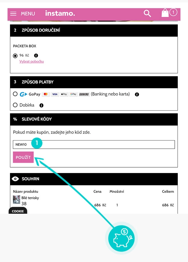 Návod jak uplatnit slevový kód v košíku e-shopu instamo