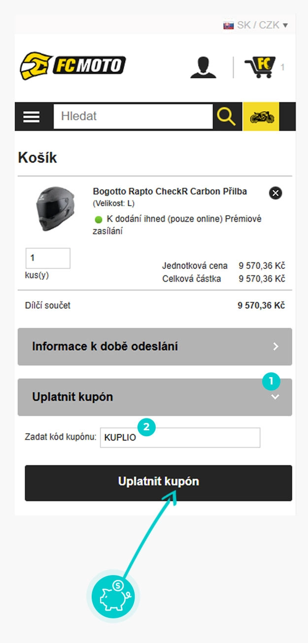 Návod jak uplatnit slevový kód v košíku e-shopu FC-Moto