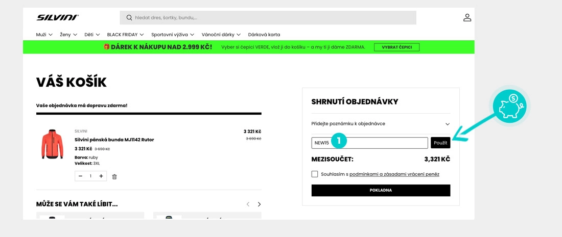Návod jak uplatnit slevový kód v košíku e-shopu Silvini