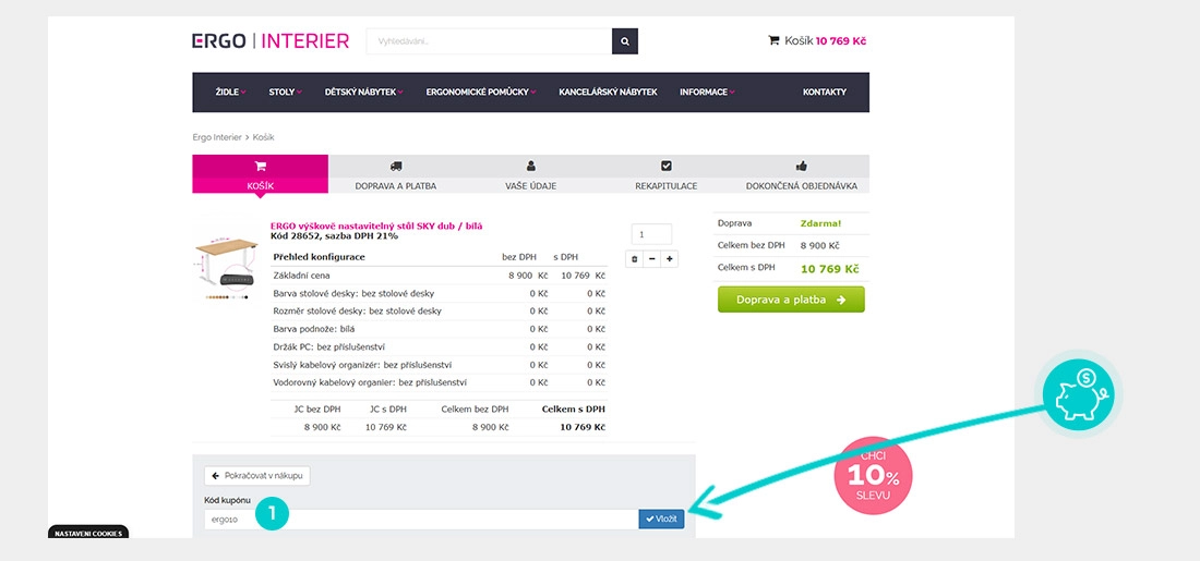 Návod jak uplatnit slevový kód v košíku e-shopu Ergo Interier