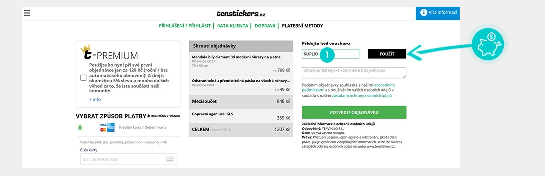 Návod jak uplatnit slevový kód v košíku e-shopu TenStickers