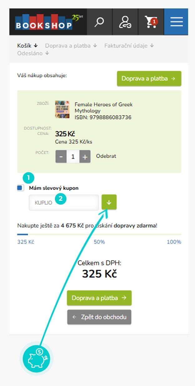 Návod jak uplatnit slevový kód v košíku e-shopu Bookshop