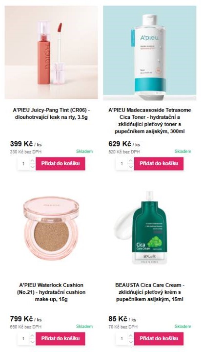 Korea Shop - lesk na rty, hydratační a zklidňující pleťový toner, hydratační cushion make-up, zklidňující pleťový krém
