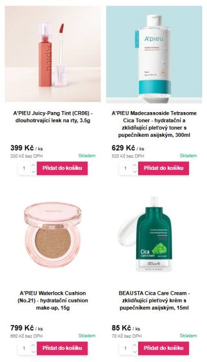 Korea Shop - lesk na rty, hydratační a zklidňující pleťový toner, hydratační cushion make-up, zklidňující pleťový krém