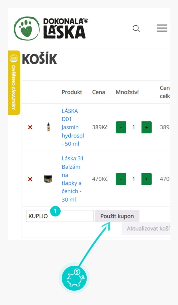 Návod jak uplatnit slevový kód v košíku e-shopu Dokonalá láska