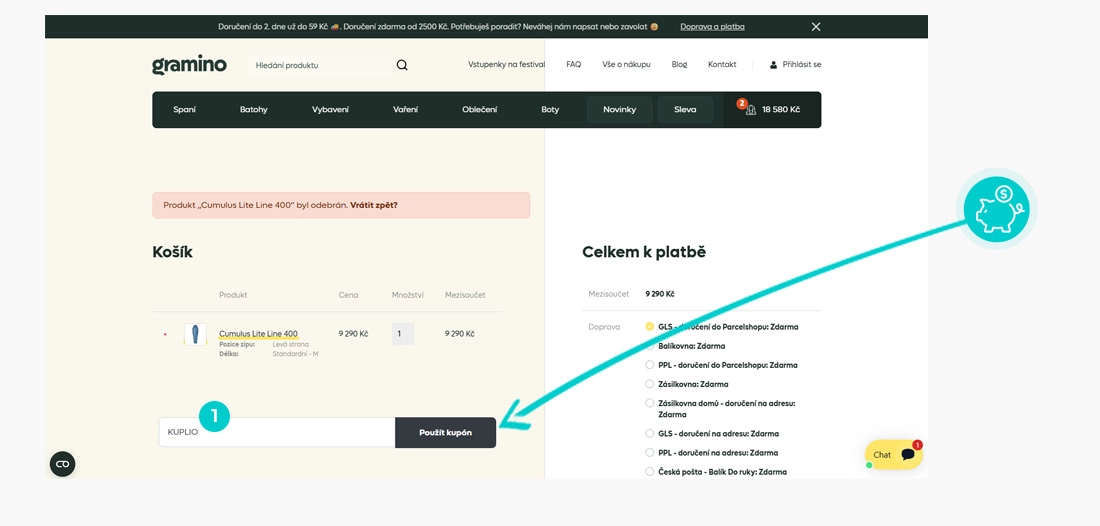 Návod jak uplatnit slevový kód v košíku e-shopu gramino