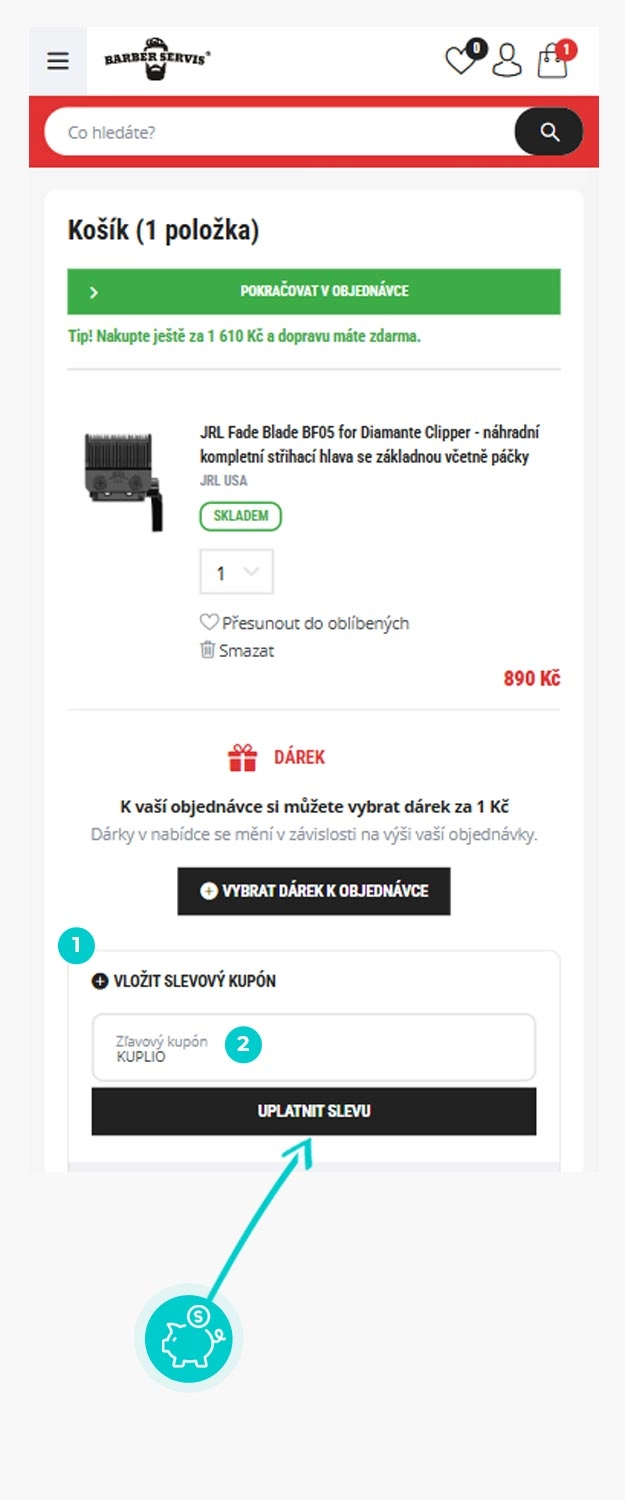 Návod jak uplatnit slevový kód v košíku e-shopu Barber Servis