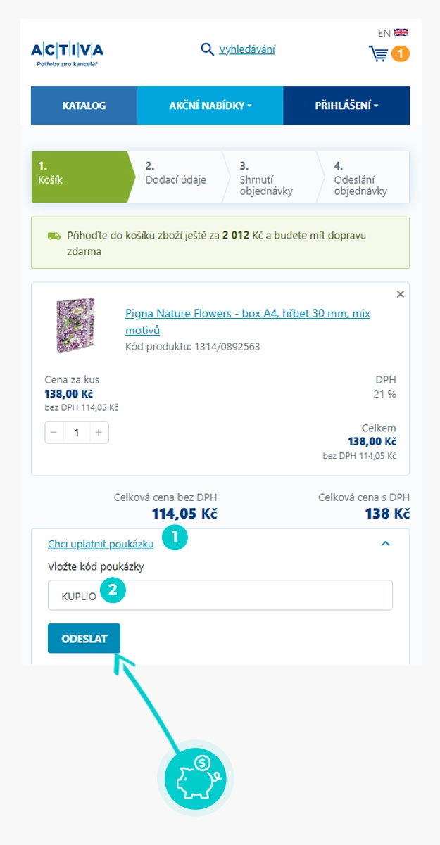 Návod jak uplatnit slevový kód v košíku e-shopu Activa