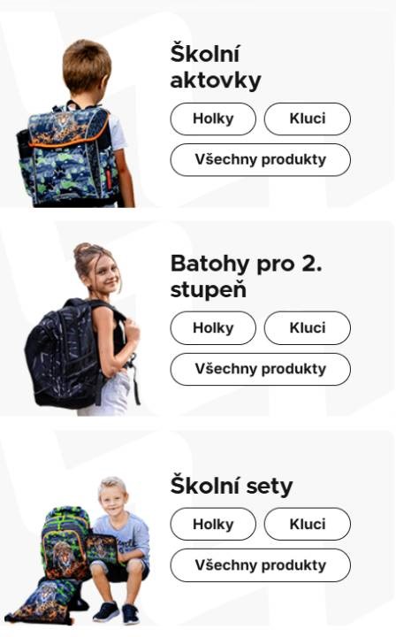 Bagmaster - chlapec s batohem na zádech, holka s batohem na zádech a chlapec s batohem a kapsou vedle sebe