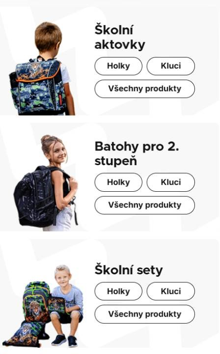 Bagmaster - chlapec s batohem na zádech, holka s batohem na zádech a chlapec s batohem a kapsou vedle sebe