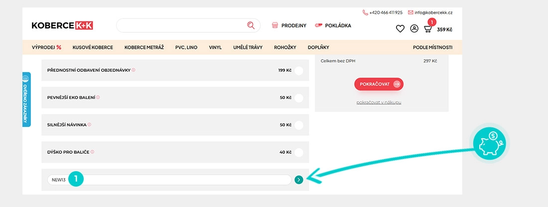 Návod jak uplatnit slevový kód v košíku e-shopu Koberce K+K