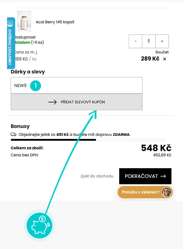 Návod jak uplatnit slevový kód v košíku e-shopu Nakupzdrave