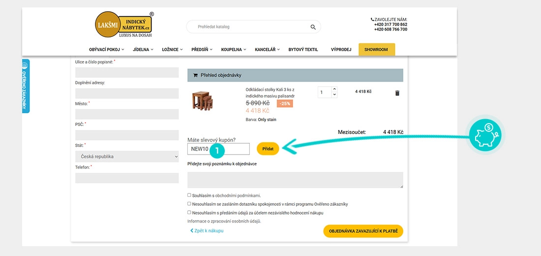 Návod jak uplatnit slevový kód v košíku e-shopu Indický nábytek