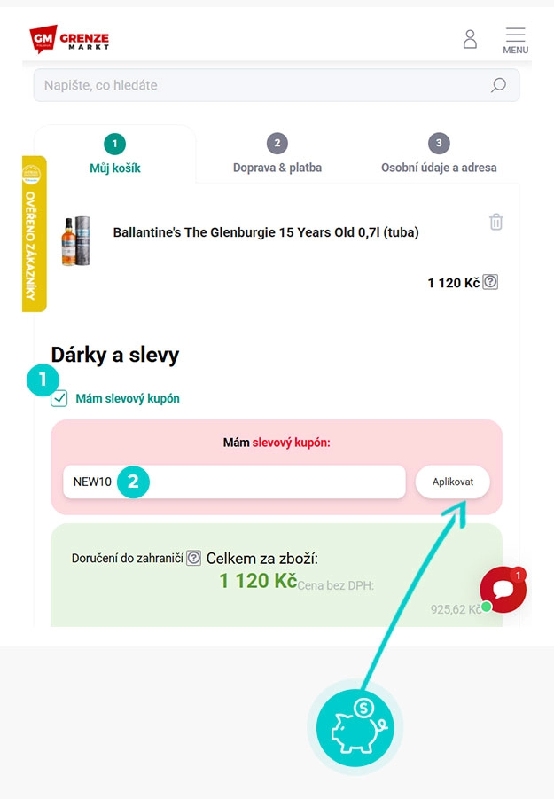 Návod jak uplatnit slevový kód v košíku e-shopu Grenze Markt