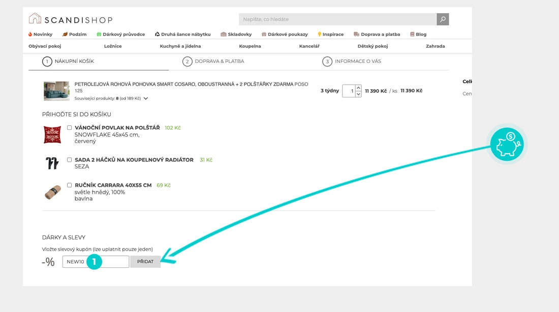 Návod jak uplatnit slevový kód v košíku e-shopu Scandishop