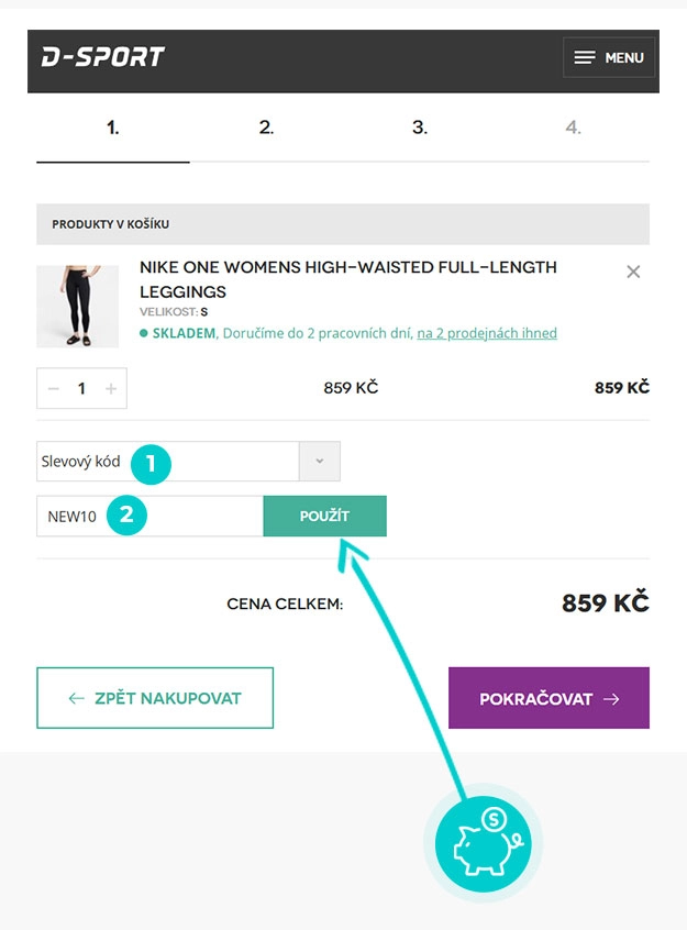 Návod jak uplatnit slevový kód v košíku e-shopu D-Sport