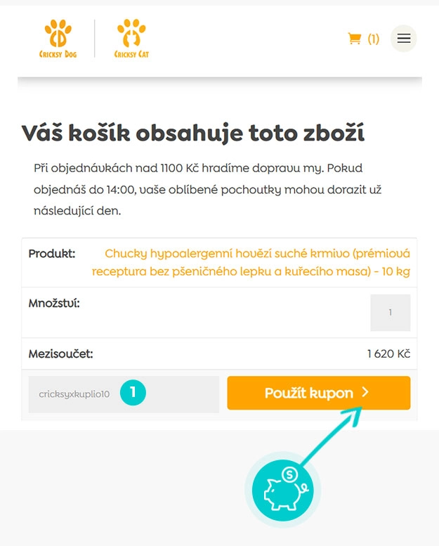 Návod jak uplatnit slevový kód v košíku e-shopu CricksyDog