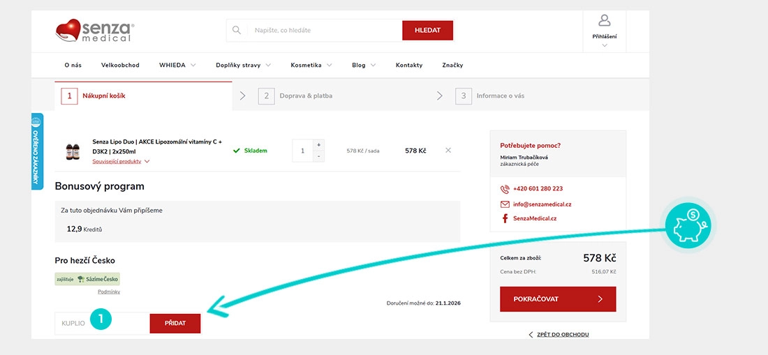 Návod jak uplatnit slevový kód v košíku e-shopu Senza medical