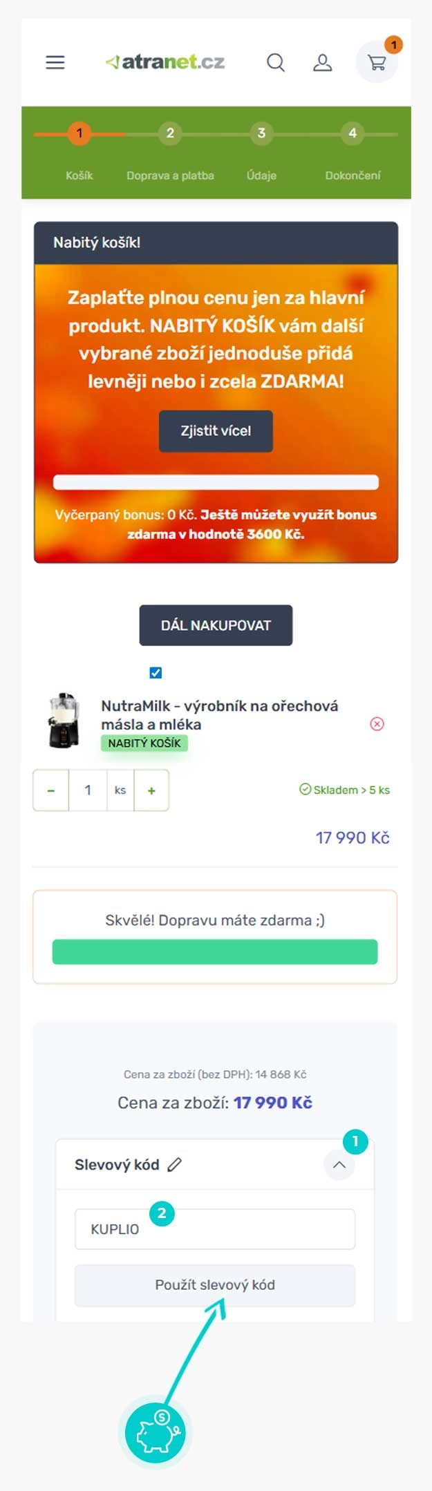 Návod jak uplatnit slevový kód v košíku e-shopu Atranet