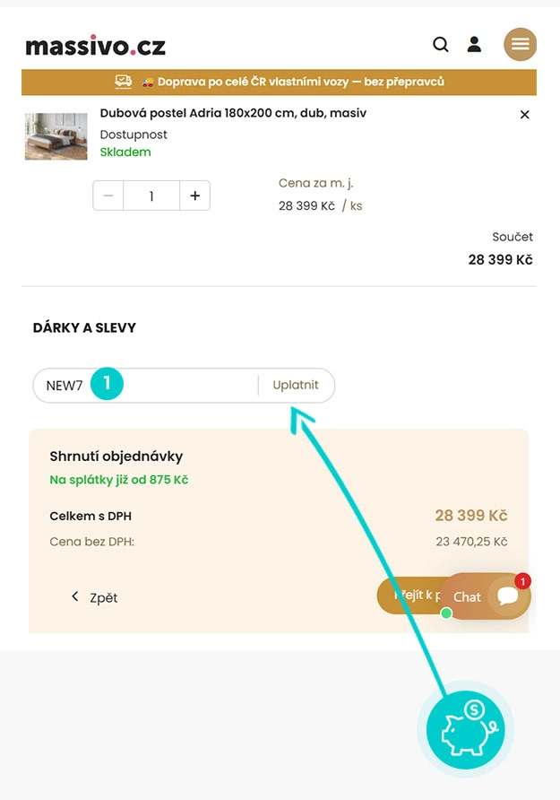 Návod jak uplatnit slevový kód v košíku e-shopu Massivo.cz