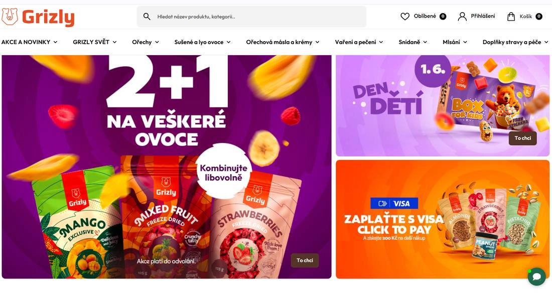 Stránka grizly ve fialovo oranžové se sáčky s oříšky a sušeným ovocem a popisem