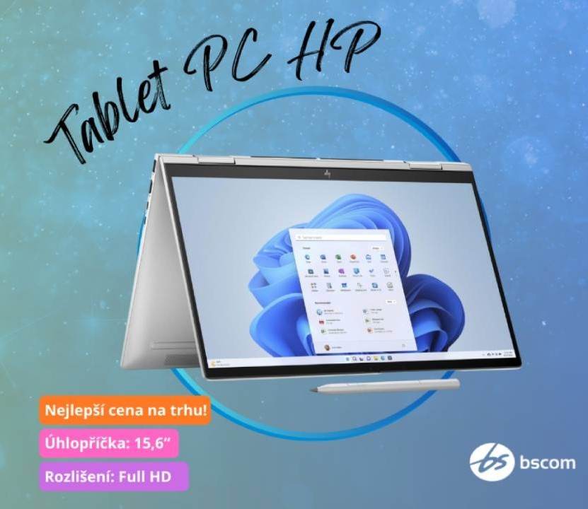 BScom - tablet na modrém pozadí