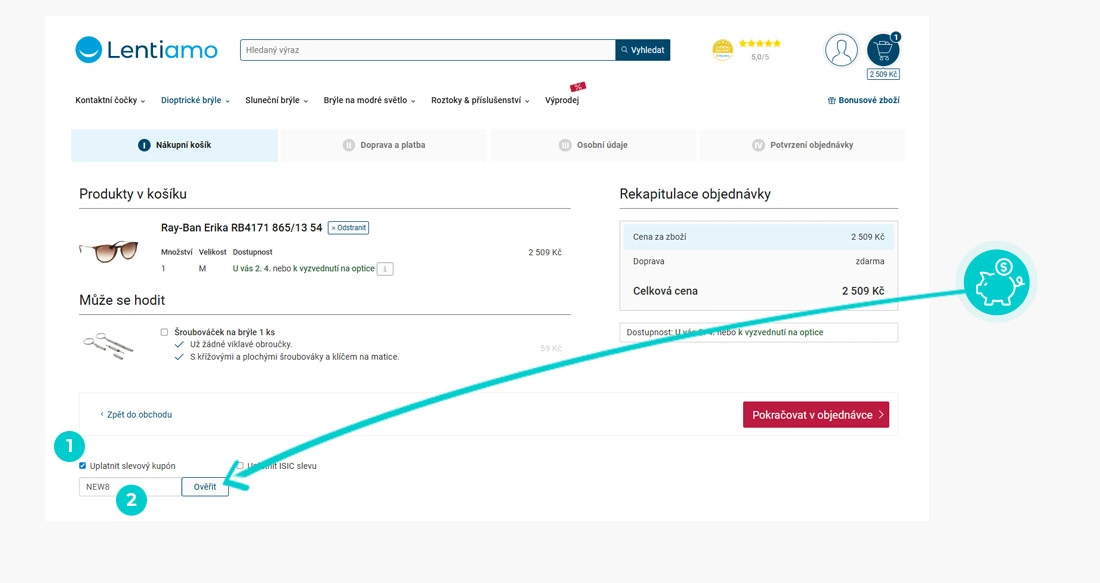 Návod jak uplatnit slevový kód v košíku e-shopu Lentiamo