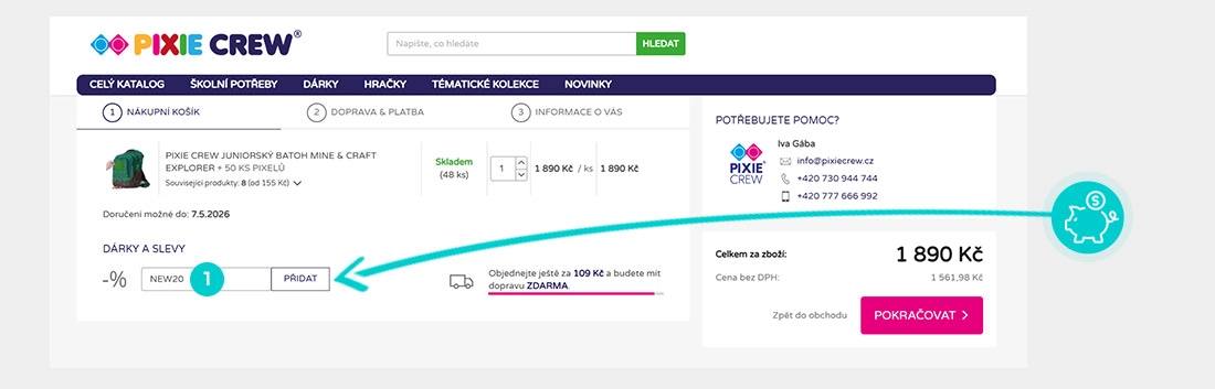 Návod jak uplatnit slevový kód v košíku e-shopu Pixie Crew