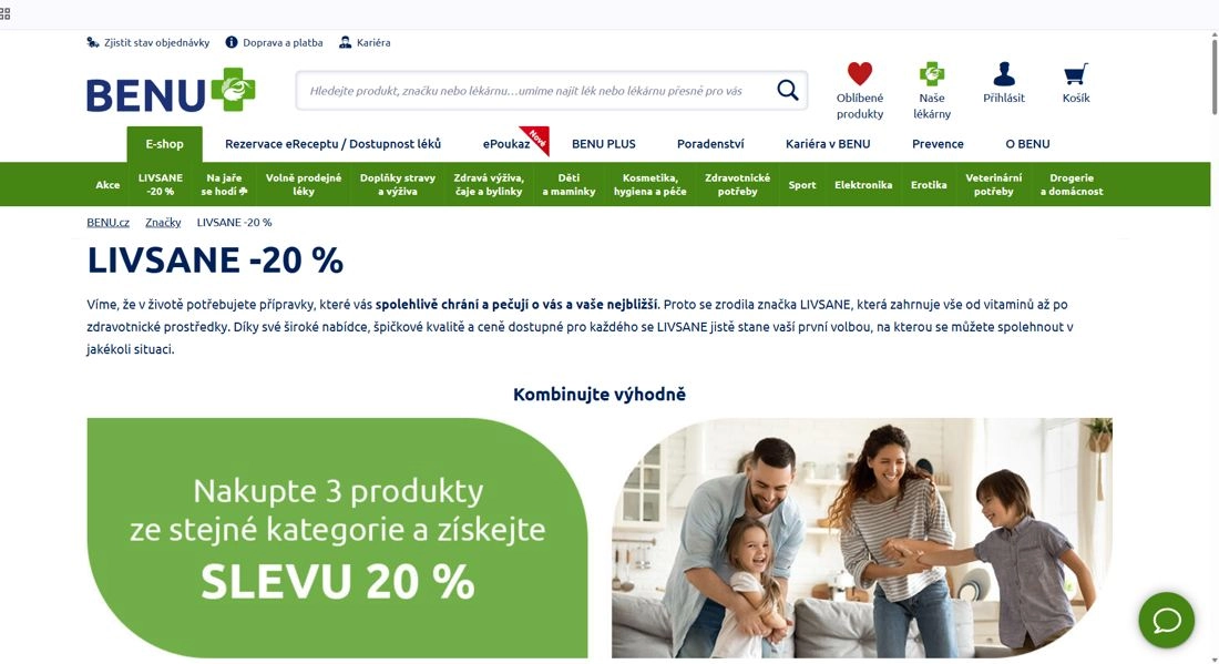 Rodina a zeleno-bílý podklad s textem o produktech a cenách